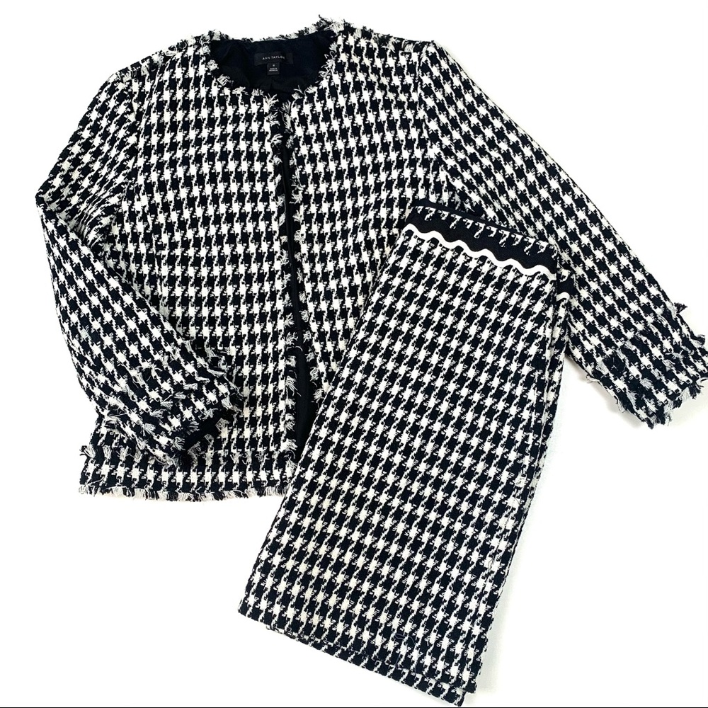 Ann Taylor Black and White Houndstooth Tweed Blazer & Skirt Set